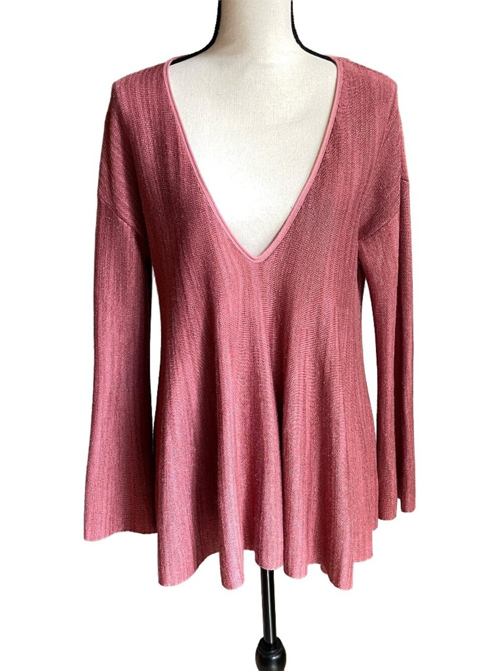 Free People Sundae Pullover Bell Sleeve V-Neck Knit Swing Sweater Rose Pink M